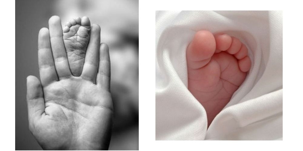 عکاسی نوزاد در منزل از پای نوزاد در دستان پدر و مادر