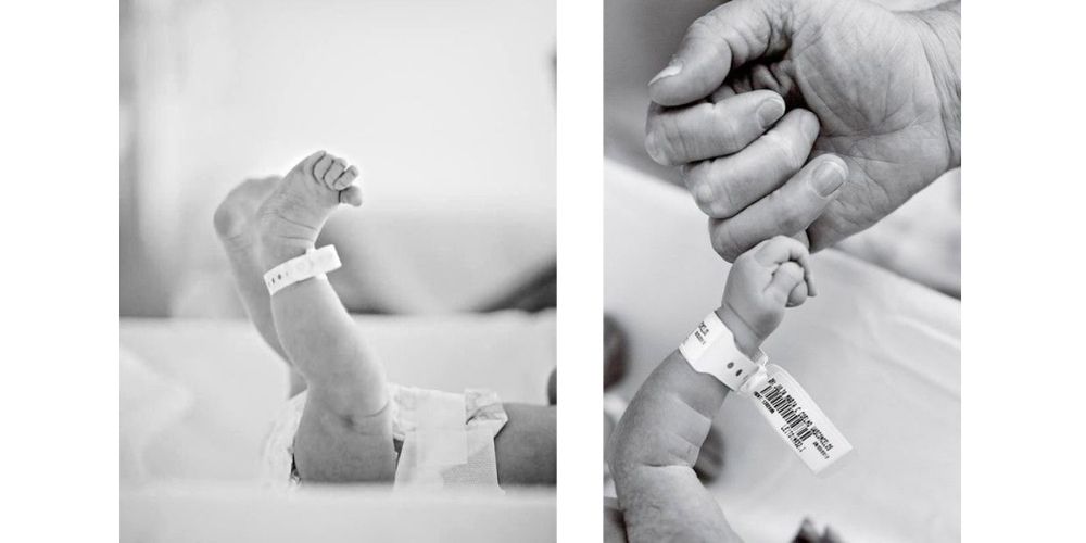ایده عکاسی نوزاد در خانه از دست و پای نوزاد با پچ بیمارستان