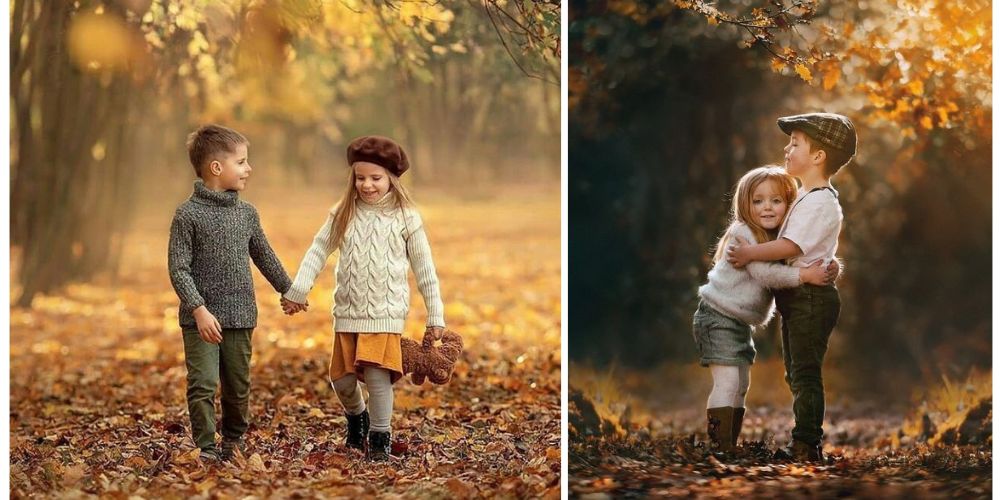 عکاسی پاییزه کودک دختر با برادر