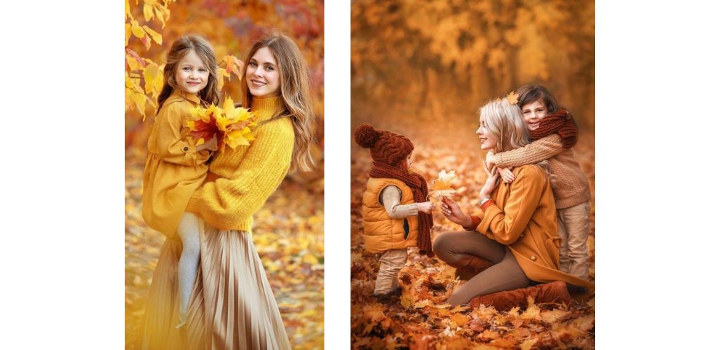 ایده جذاب عکاسی پاییزی کودک با مادر و لباس ست