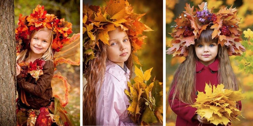 ایده عکاسی پاییزی دختر کودک با تاج برگ‌های پاییزی