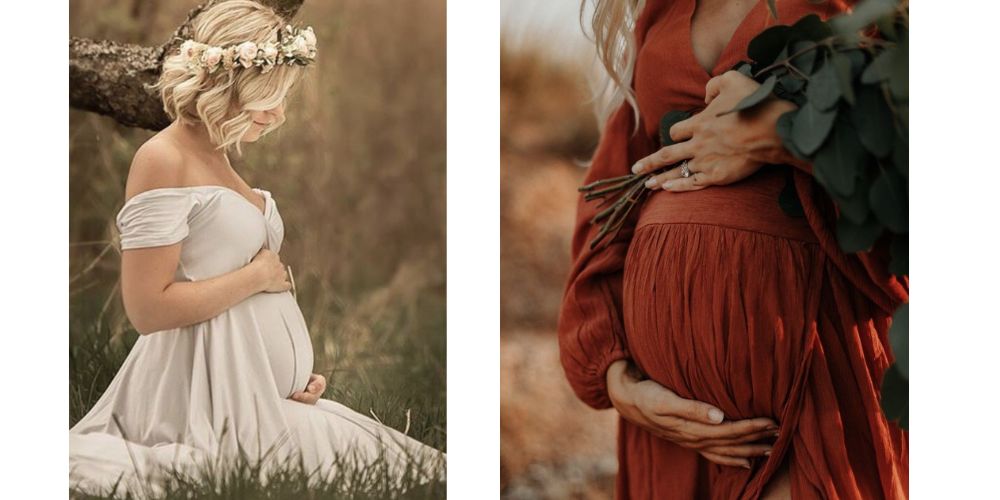 عکاسی بارداری در طبیعت با نوازش شکم توسط مادر