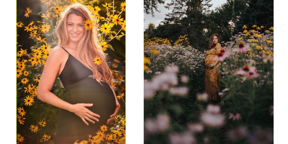 ایده عکاسی بارداری تک‌نفره مادر در میان گل و شکوفه