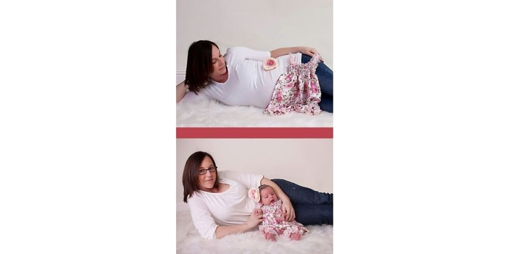 ژست عکس بارداری با لباس نوزاد قبل و بعد تولد